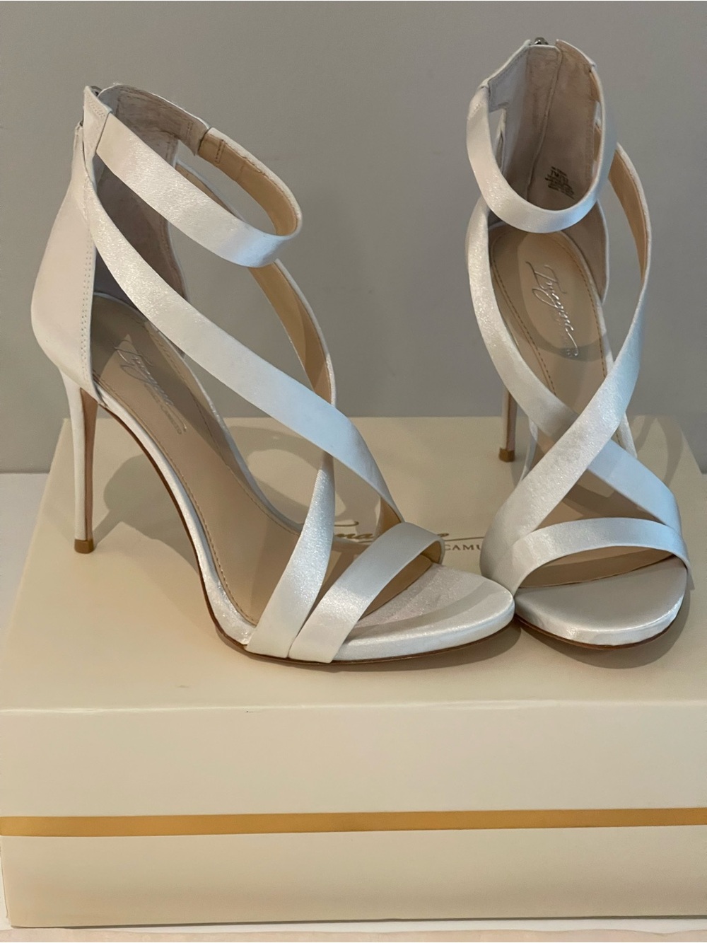 Vince Camuto White Satin Crisscross Ankle Strap Heels